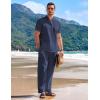 imageCOOFANDY Mens 2 Pieces Cotton Linen Set Casual Short Sleeve Henley Shirts Beach Yoga Pants Summer OutfitsNavy Blue