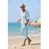 imageCOOFANDY Mens 2 Pieces Linen Set Henley Shirt Short Sleeve and Harem Capri Pants Wide Leg Baggy Beach Yoga Trousers OutfitsLight Blue