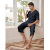 imageCOOFANDY Mens 2 Pieces Linen Set Henley Shirt Short Sleeve and Harem Capri Pants Wide Leg Baggy Beach Yoga Trousers OutfitsNavy Blue