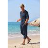 imageCOOFANDY Mens 2 Pieces Linen Set Henley Shirt Short Sleeve and Harem Capri Pants Wide Leg Baggy Beach Yoga Trousers OutfitsNavy Blue
