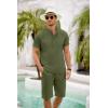 imageCOOFANDY Mens 2 Pieces Set Short Sleeve Henley Shirts and Shorts Pants Texture Summer Beach Vacation OutfitsArmy Green