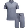imageCOOFANDY Mens 2 Pieces Set Short Sleeve Henley Shirts and Shorts Pants Texture Summer Beach Vacation OutfitsFlecking Navy Blue