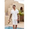 imageCOOFANDY Mens 2 Pieces Set Short Sleeve Henley Shirts and Shorts Pants Texture Summer Beach Vacation OutfitsWhite