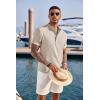 imageCOOFANDY Mens Casual Henley Shirt Short Sleeve Band Collar Linen Shirt Summer Beach Hippie TShirtsKhaki