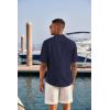 imageCOOFANDY Mens Casual Henley Shirt Short Sleeve Band Collar Linen Shirt Summer Beach Hippie TShirtsNavy Blue