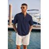 imageCOOFANDY Mens Casual Henley Shirt Short Sleeve Band Collar Linen Shirt Summer Beach Hippie TShirtsNavy Blue