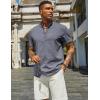 imageCOOFANDY Mens Casual Linen Henley Shirts Short Sleeve Band Collar Summer Beach Vacation TShirtsDark Heather Blue