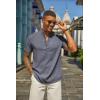 imageCOOFANDY Mens Casual Linen Henley Shirts Short Sleeve Band Collar Summer Beach Vacation TShirtsDark Heather Blue