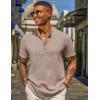 imageCOOFANDY Mens Casual Linen Henley Shirts Short Sleeve Band Collar Summer Beach Vacation TShirtsKhaki