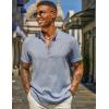 imageCOOFANDY Mens Casual Linen Henley Shirts Short Sleeve Band Collar Summer Beach Vacation TShirtsLight Heather Blue