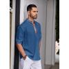 imageCOOFANDY Mens Cotton Linen Henley Shirt Casual Beach Hippie Shirts Long Sleeve TShirtsDark Blue