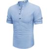 imageCOOFANDY Mens Cotton Linen Henley Shirt Short Sleeve Hippie Casual Band Collar Summer Beach TShirtsBlue