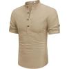 imageCOOFANDY Mens Cotton Linen Henley Shirt Short Sleeve Hippie Casual Band Collar Summer Beach TShirtsKhaki