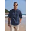 imageCOOFANDY Mens Cotton Linen Henley Shirt Short Sleeve Hippie Casual Band Collar Summer Beach TShirtsNavy Blue