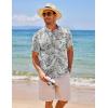 imageCOOFANDY Mens Cotton Linen Henley Shirt Short Sleeve Hippie Casual Beach TShirts with PocketApricot Black  Plant Leaves