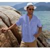 imageCOOFANDY Mens Cotton Linen Henley Shirt Short Sleeve Hippie Casual Beach TShirts with PocketBlue Striped