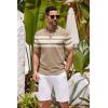 imageCOOFANDY Mens Knit Polo Shirts Casual Short Sleeve Button Down Shirts Crochet Classic Golf Polo Collared ShirtsKhaki With White Stripes
