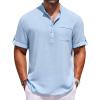 imageCOOFANDY Henley Shirts for Men Short Sleeve Band Collar Casual Shirt Summer Hippie Vacation Beach T Shirts with PocketLight Blue