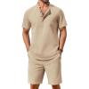 imageCOOFANDY Mens 2 Piece Cotton Linen Sets Summer Beach Outfits Casual Short Sleeve Henley Shirts and Vacation ShortsKhaki