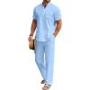 imageCOOFANDY Mens 2 Pieces Cotton Linen Set Casual Short Sleeve Henley Shirts Beach Yoga Pants Summer OutfitsBlue