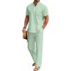 imageCOOFANDY Mens 2 Pieces Cotton Linen Set Casual Short Sleeve Henley Shirts Beach Yoga Pants Summer OutfitsGreen