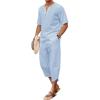 imageCOOFANDY Mens 2 Pieces Linen Set Henley Shirt Short Sleeve and Harem Capri Pants Wide Leg Baggy Beach Yoga Trousers OutfitsBlue
