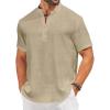 imageCOOFANDY Mens Casual Henley Shirt Short Sleeve Linen Shirt Band Collar Summer Hippie Beach TShirtsLight Khaki