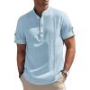 imageCOOFANDY Mens Cotton Linen Henley Shirt Short Sleeve Hippie Casual Band Collar Summer Beach TShirtsLight Blue