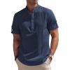 imageCOOFANDY Mens Cotton Linen Henley Shirt Short Sleeve Hippie Casual Band Collar Summer Beach TShirtsNavy Blue