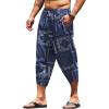 imageCOOFANDY Mens Linen Harem Capri Pants Lightweight Loose 34 Shorts Drawstring Elastic Waist Casual Beach Boho Yoga TrousersBlue Square Pattern