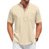 imageCOOFANDY Mens White Solid Casual Short Sleeve Band Collar Henley Shirt with PocketKhaki