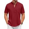 imageCOOFANDY Mens White Solid Casual Short Sleeve Band Collar Henley Shirt with PocketRed
