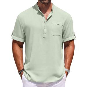 imageCOOFANDY Henley Shirts for Men Short Sleeve Band Collar Casual Shirt Summer Hippie Vacation Beach T Shirts with PocketIce Green