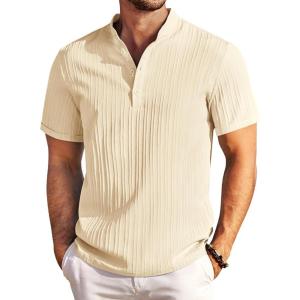 imageCOOFANDY Men Casual Henley Tee Shirt Short Sleeve Band Collar Summer Beach Textured TShirtApricot