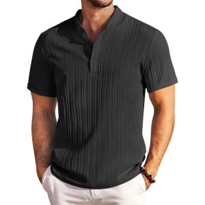 imageCOOFANDY Men Casual Henley Tee Shirt Short Sleeve Band Collar Summer Beach Textured TShirtBlack