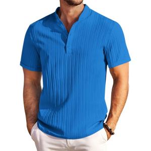 imageCOOFANDY Men Casual Henley Tee Shirt Short Sleeve Band Collar Summer Beach Textured TShirtBlue