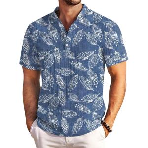 imageCOOFANDY Men Casual Henley Tee Shirt Short Sleeve Band Collar Summer Beach Textured TShirtBlue Palm Leaves