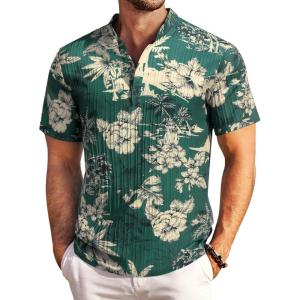 imageCOOFANDY Men Casual Henley Tee Shirt Short Sleeve Band Collar Summer Beach Textured TShirtDark Green Beige Coconut Leaves