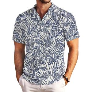 imageCOOFANDY Men Casual Henley Tee Shirt Short Sleeve Band Collar Summer Beach Textured TShirtDeep Blue Plam Leaf