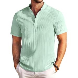 imageCOOFANDY Men Casual Henley Tee Shirt Short Sleeve Band Collar Summer Beach Textured TShirtIce Green