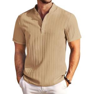 imageCOOFANDY Men Casual Henley Tee Shirt Short Sleeve Band Collar Summer Beach Textured TShirtKhaki