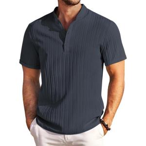 imageCOOFANDY Men Casual Henley Tee Shirt Short Sleeve Band Collar Summer Beach Textured TShirtNavy Blue