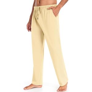 imageCOOFANDY Men Cotton Yoga Pants Casual Sweatpants Jogger Open Bottom Lounge Pants with PocketsLight Khaki