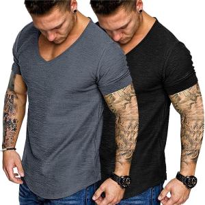 imageCOOFANDY Mens 2 Pack Muscle V Neck T Shirt Fitted Gym Workout Short Sleeve Bodybuilding TeeBlack Greyv Neck