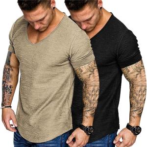 imageCOOFANDY Mens 2 Pack Muscle V Neck T Shirt Fitted Gym Workout Short Sleeve Bodybuilding TeeBlack Khakiv Neck