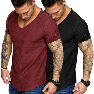 imageCOOFANDY Mens 2 Pack Muscle V Neck T Shirt Fitted Gym Workout Short Sleeve Bodybuilding TeeBlack Redv Neck