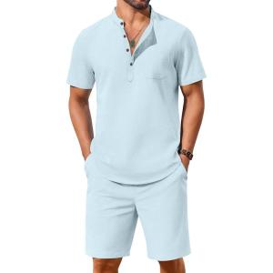 imageCOOFANDY Mens 2 Piece Cotton Linen Sets Summer Beach Outfits Casual Short Sleeve Henley Shirts and Vacation ShortsLight Blue