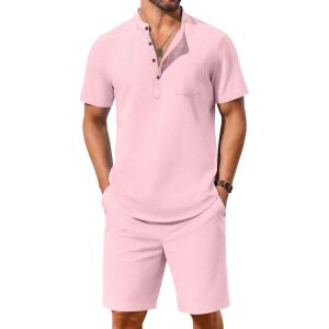 imageCOOFANDY Mens 2 Piece Cotton Linen Sets Summer Beach Outfits Casual Short Sleeve Henley Shirts and Vacation ShortsLight Pink