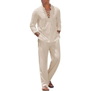 imageCOOFANDY Mens 2 Piece Linen Set Long Sleeve Henley Shirts Casual Beach Pants With Pockets Summer Yoga OutfitsBeige