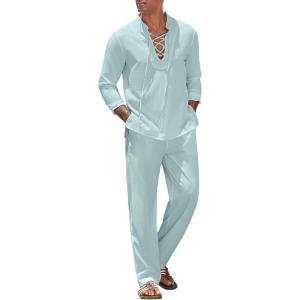 imageCOOFANDY Mens 2 Piece Linen Set Long Sleeve Henley Shirts Casual Beach Pants With Pockets Summer Yoga OutfitsBlue Green